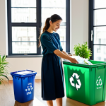 A content adult in modest, everyday attire, diligently sorting recycling in a bright, modern apartment. Sunlight streams through a large window, illuminating neatly organized recycling bins for plastic, paper, and glass. Potted green plants and a reusable shopping bag are visible, conveying a sense of personal responsibility and eco-friendly living. professional photography, high detail, perfect anatomy, correct proportions, natural pose, well-formed hands, proper finger count, natural body proportions, safe for work, appropriate content, fully clothed, modest clothing, family-friendly.