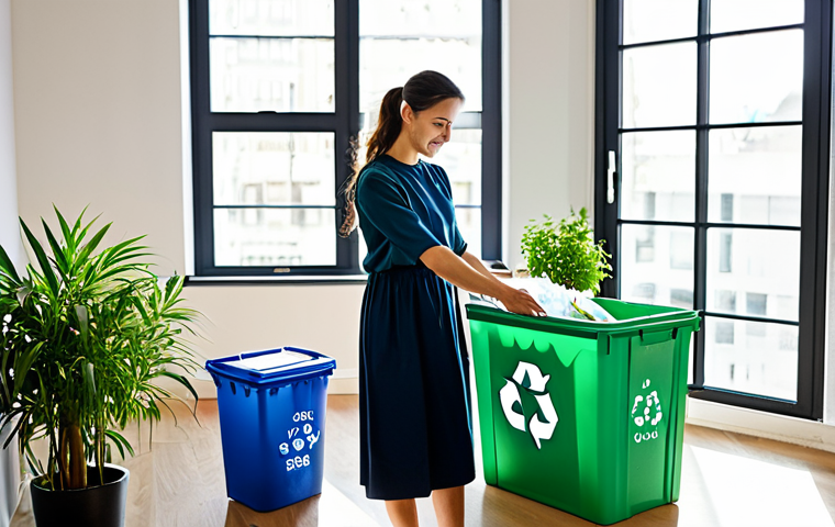 A content adult in modest, everyday attire, diligently sorting recycling in a bright, modern apartment. Sunlight streams through a large window, illuminating neatly organized recycling bins for plastic, paper, and glass. Potted green plants and a reusable shopping bag are visible, conveying a sense of personal responsibility and eco-friendly living. professional photography, high detail, perfect anatomy, correct proportions, natural pose, well-formed hands, proper finger count, natural body proportions, safe for work, appropriate content, fully clothed, modest clothing, family-friendly.