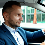 A professional male in his mid-30s, seated comfortably in the driver's seat of a modern electric vehicle. He wears a modest business casual outfit, including a well-fitted blazer and collared shirt. His hands are naturally resting on the steering wheel, and he has a calm, confident expression. The view through the windshield shows a blurred, clean urban Moscow streetscape with modern architecture, conveying a sense of quiet, smooth motion and clean air. The vehicle's interior is sleek and high-tech. The image is a cinematic, photorealistic shot with soft natural light, highlighting the perfect anatomy and correct proportions. fully clothed, appropriate attire, professional dress, safe for work, appropriate content, professional.