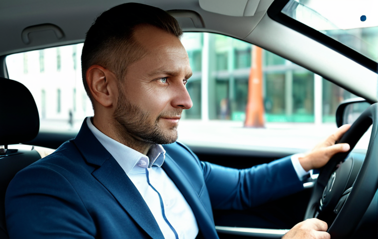 A professional male in his mid-30s, seated comfortably in the driver's seat of a modern electric vehicle. He wears a modest business casual outfit, including a well-fitted blazer and collared shirt. His hands are naturally resting on the steering wheel, and he has a calm, confident expression. The view through the windshield shows a blurred, clean urban Moscow streetscape with modern architecture, conveying a sense of quiet, smooth motion and clean air. The vehicle's interior is sleek and high-tech. The image is a cinematic, photorealistic shot with soft natural light, highlighting the perfect anatomy and correct proportions. fully clothed, appropriate attire, professional dress, safe for work, appropriate content, professional.