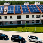 ** A modern family-friendly apartment complex in a suburb outside Moscow. Solar panels are visible on some rooftops. Several fully clothed people are walking around, some near parked electric cars. "Safe for work," "appropriate content," "fully clothed," "family-friendly," perfect anatomy, natural proportions, high quality.

**