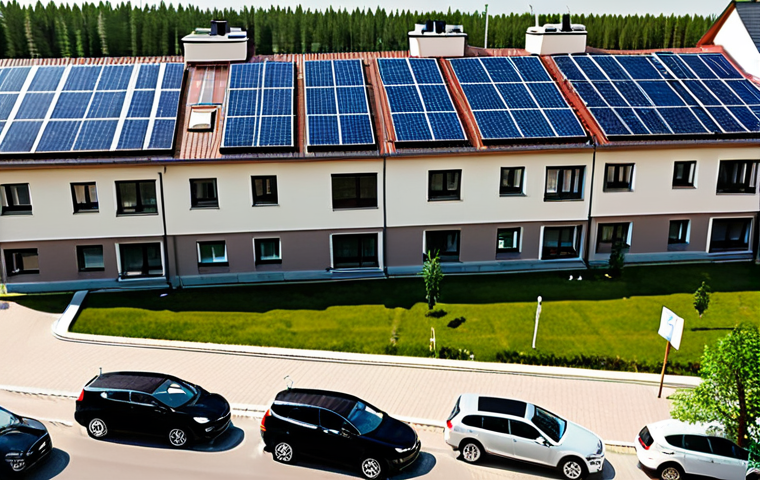 ** A modern family-friendly apartment complex in a suburb outside Moscow. Solar panels are visible on some rooftops. Several fully clothed people are walking around, some near parked electric cars. "Safe for work," "appropriate content," "fully clothed," "family-friendly," perfect anatomy, natural proportions, high quality.

**