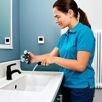 지속 가능한 수자원 관리 - Water Conservation in the Home**

A brightly lit, modern bathroom. A woman, fully clothed in comfort...