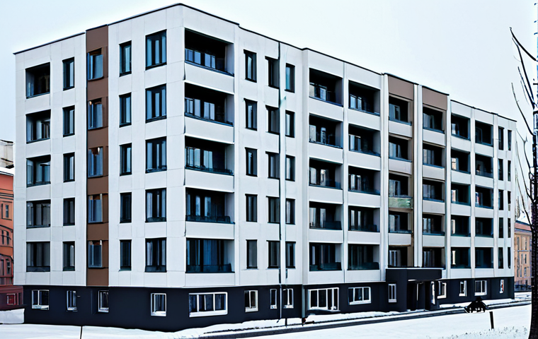 전 세계의 기후 변화 정책 - Energy-Efficient Building**
"Modern apartment building in Moscow during winter, showcasing insulate...