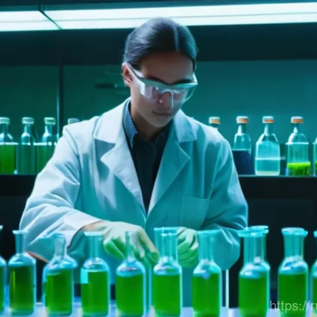 플라스틱 오염 해결책 - **Prompt:** A vibrant, futuristic laboratory scene bathed in soft, glowing blue and green light. In ...