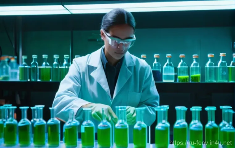 플라스틱 오염 해결책 - **Prompt:** A vibrant, futuristic laboratory scene bathed in soft, glowing blue and green light. In ...