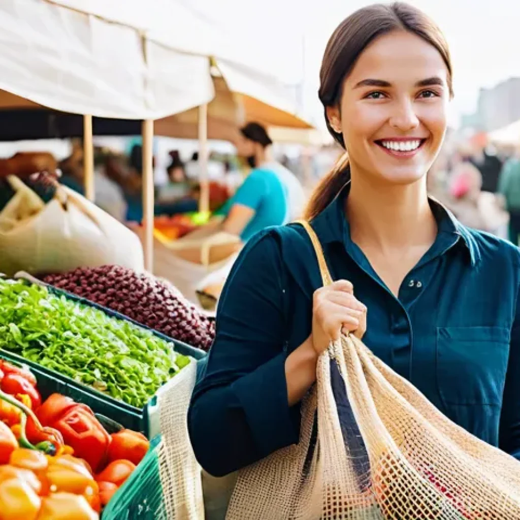 플라스틱 쓰레기 줄이기 - A bright, naturally lit image of a young woman in her late 20s shopping at a bustling Russian farmer...