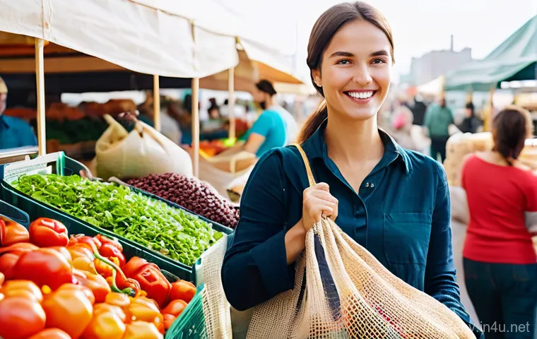 플라스틱 쓰레기 줄이기 - A bright, naturally lit image of a young woman in her late 20s shopping at a bustling Russian farmer...