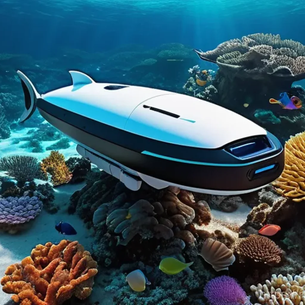로봇 기술과 환경 보호 - **"Underwater Guardian: Coral Reef Cleanup"**
A highly advanced, sleek autonomous underwater veh...