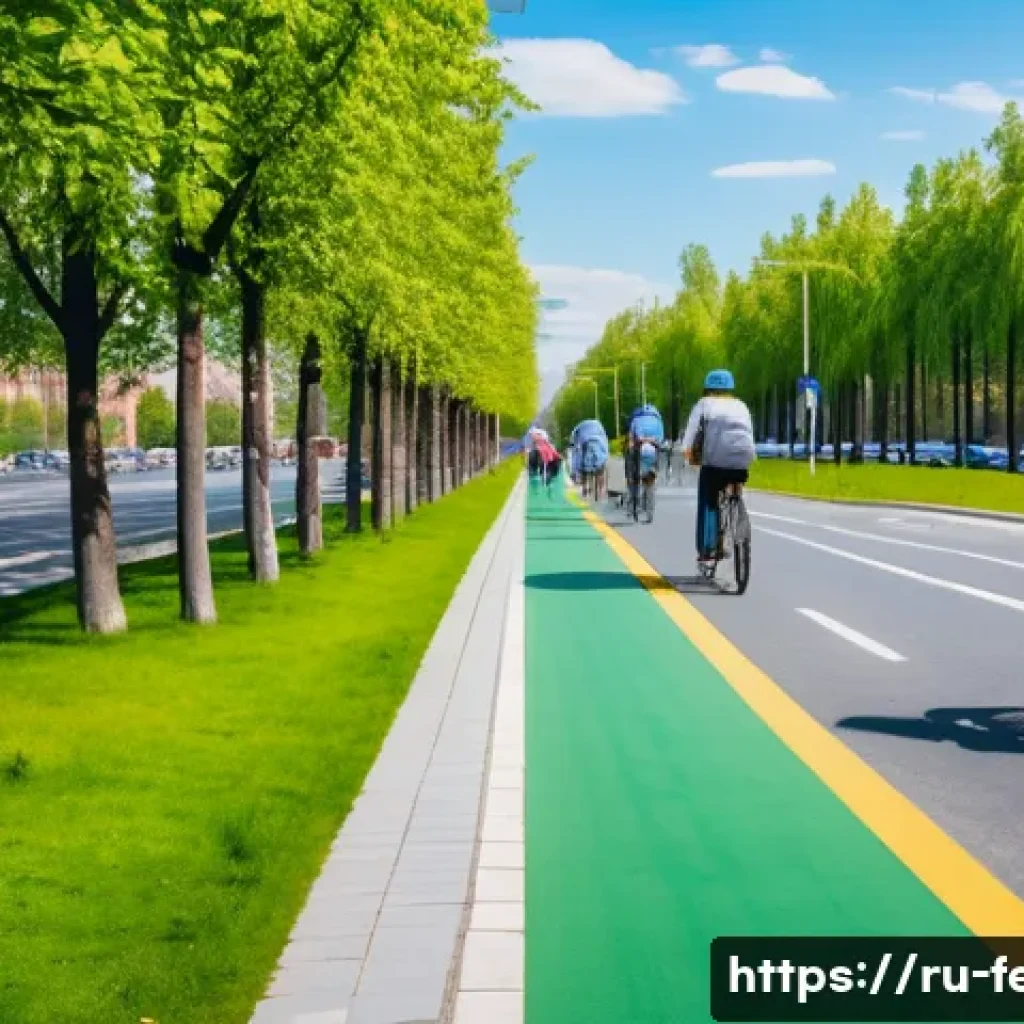 모빌리티와 환경 보호 - A vibrant urban scene in Moscow showcasing a network of connected bicycle lanes with cyclists wearin...