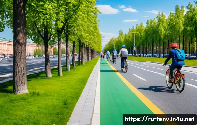 모빌리티와 환경 보호 - A vibrant urban scene in Moscow showcasing a network of connected bicycle lanes with cyclists wearin...