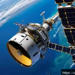 우주 쓰레기 문제 - A futuristic satellite debris removal scene in low Earth orbit, featuring a high-tech robotic arm at...