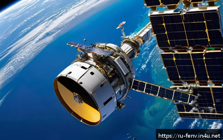 우주 쓰레기 문제 - A futuristic satellite debris removal scene in low Earth orbit, featuring a high-tech robotic arm at...