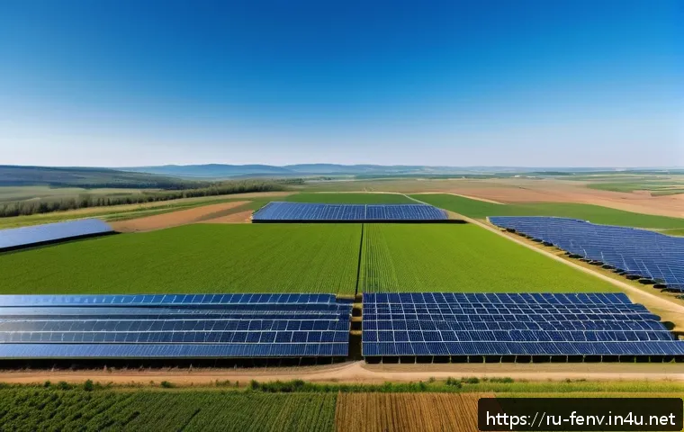 클린 에너지 산업 - A panoramic view of a modern solar power farm in southern Russia’s Krasnodar region during a bright ...