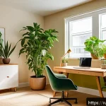 물리적 환경 변화와 심리적 영향 - A cozy modern home office bathed in warm natural sunlight streaming through a large window, featurin...