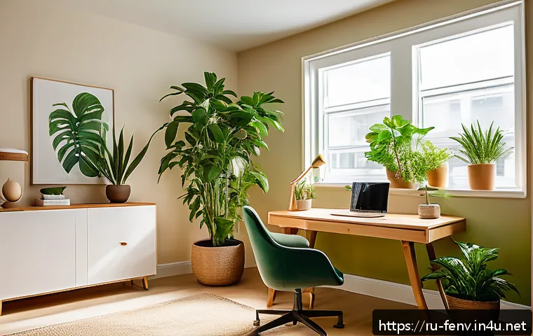 물리적 환경 변화와 심리적 영향 - A cozy modern home office bathed in warm natural sunlight streaming through a large window, featurin...