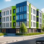 환경을 고려한 인프라 개발 - A modern eco-friendly residential complex in Moscow featuring solar panels on rooftops, energy-effic...