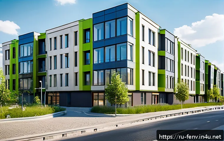 환경을 고려한 인프라 개발 - A modern eco-friendly residential complex in Moscow featuring solar panels on rooftops, energy-effic...