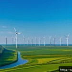 지속 가능한 에너지 솔루션 - A panoramic view of a modern Russian wind farm located on the coast of Kaliningrad, featuring tall w...
