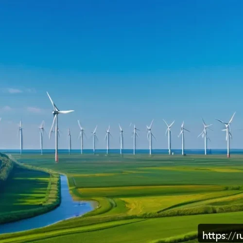 지속 가능한 에너지 솔루션 - A panoramic view of a modern Russian wind farm located on the coast of Kaliningrad, featuring tall w...