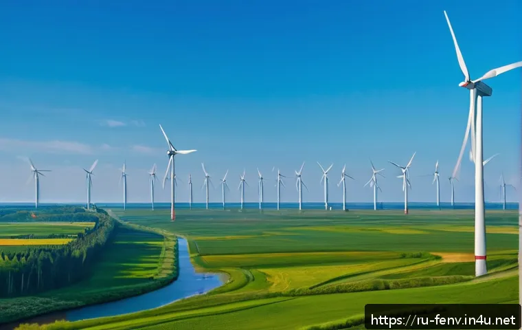 지속 가능한 에너지 솔루션 - A panoramic view of a modern Russian wind farm located on the coast of Kaliningrad, featuring tall w...