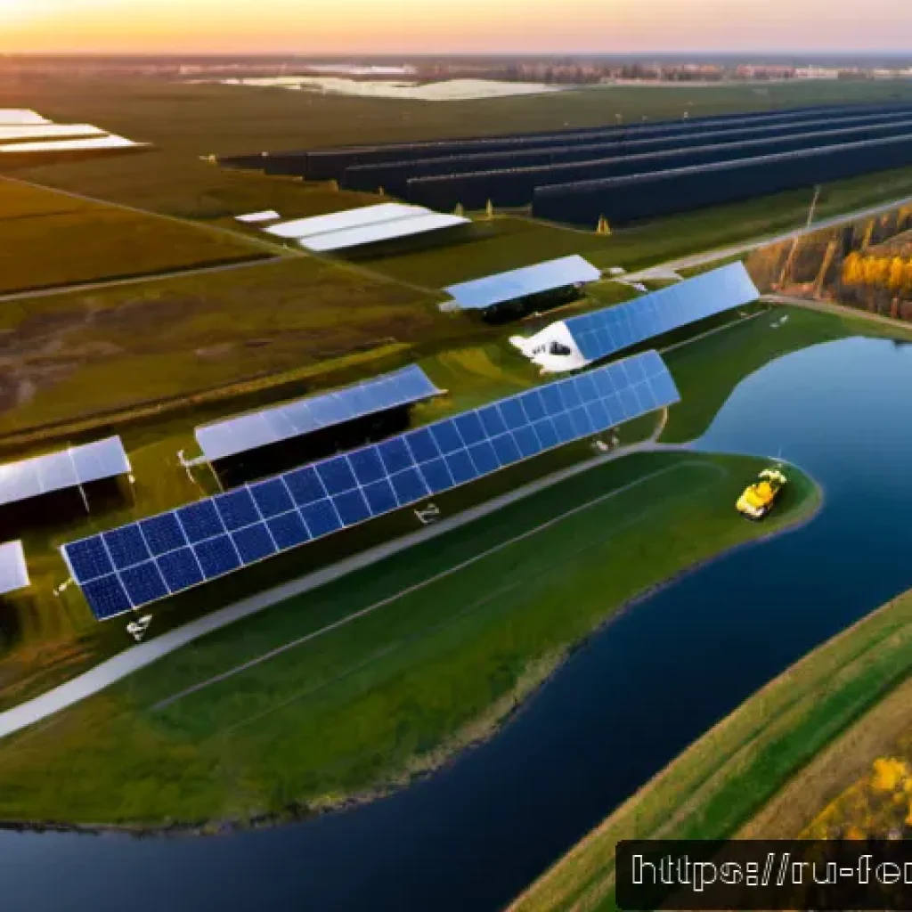 환경 보호를 위한 기술 혁신 - Photorealistic aerial view of a large solar-powered eco-industrial park on the outskirts of Kazan, R...