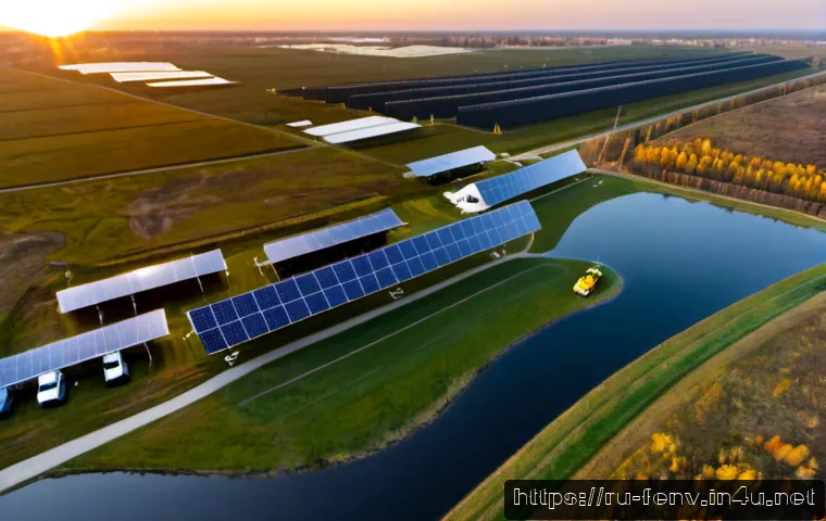환경 보호를 위한 기술 혁신 - Photorealistic aerial view of a large solar-powered eco-industrial park on the outskirts of Kazan, R...