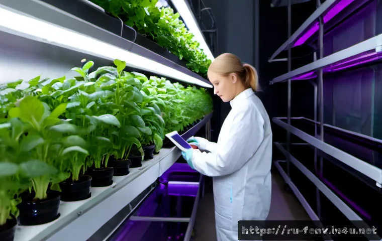 식물 공장 기술 - Photorealistic interior of a modern vertical plant factory in Russia, orderly rows of leafy greens g...