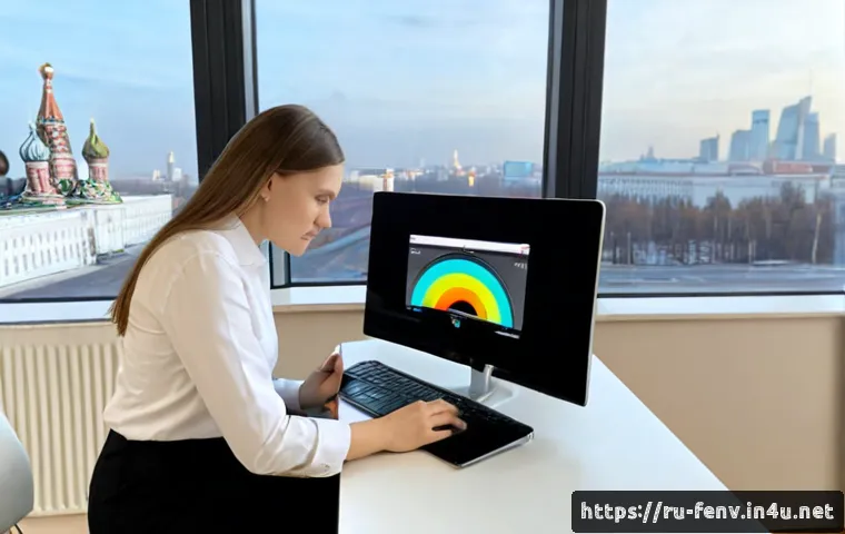 모바일 환경 모니터링 - Photorealistic mobile environment monitoring scene in a modern Moscow office, Russian IT specialist ...
