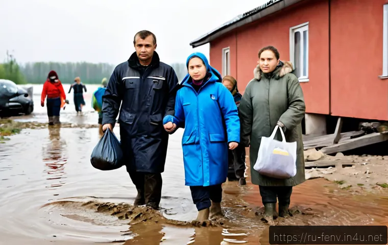 기후 난민 문제 - Photorealistic documentary-style scene of a climate-displaced family arriving at a temporary shelter...