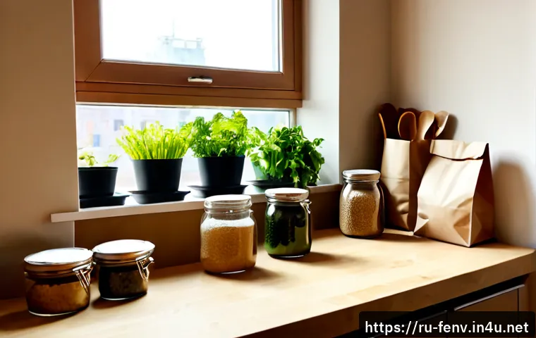 지속 가능한 패키징 - Photorealistic sustainable packaging comparison on a bright Moscow apartment kitchen counter: reusab...