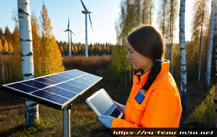 Home 17 미래 환경 기술 개발 - Photorealistic future environmental technology research center in a Russian birch forest, a female e...